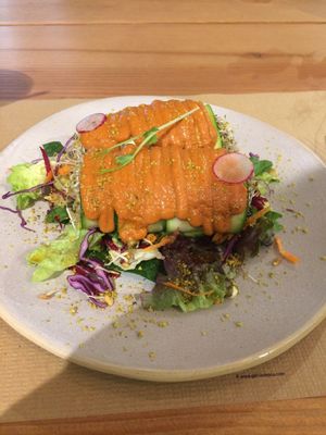 Raw vegan cannelloni. Red pepper coulis on top and stuffed with creamy mushroom sauce.  at Petit Brot - Cold Press Raw Eco in Barcelona