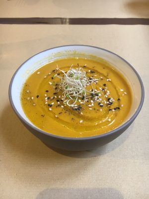 Carrot soup with other amazing ingredients   at Petit Brot - Cold Press Raw Eco in Barcelona