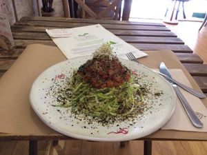 The tomato sauce is very tasty. Satisfying meal! at Petit Brot - Cold Press Raw Eco in Barcelona