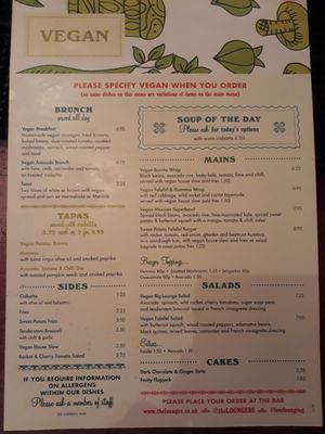 Vegan menu at Lounges - Pato Lounge in Orpington
