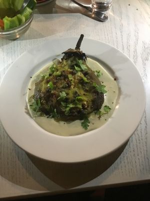 Whole eggplant at Shams El Balad Cafe in Amman