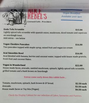 Vegan breakfast menu  at Alice Rebel's in Chelsea