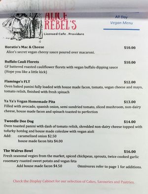 All day vegan menu  at Alice Rebel's in Chelsea
