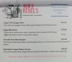 Vegan share menu  at Alice Rebel's in Chelsea