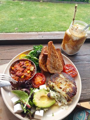 Vegan breakfast and iced coffee with coconut ice cream at Organic Feast in East Maitland