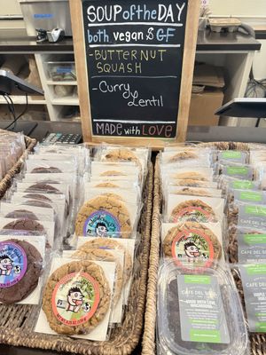 Vegan cookies, menu board advertising vegan soup   at Cafe del Soul in Mill Valley