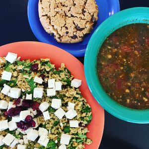 Vegan as-is West African Soup, veganized “Curry So Good”, and Alternative Baking Co. vegan chocolate chip cookie at Cafe del Soul in Mill Valley