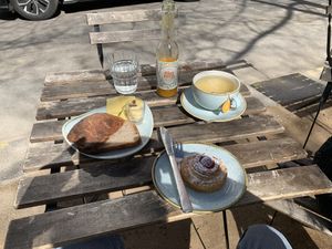 sourdough bread roll with "cheese", vanilla/chocolate/strawberry pastry - all vegan  at Kaf in Copenhagen