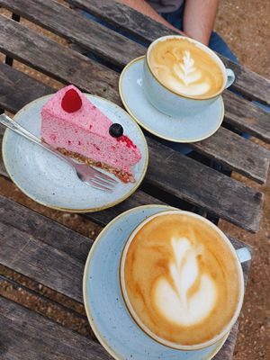 Raspberry cake + coffee latte at Kaf in Copenhagen