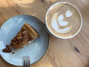 Pecan cheesecake with a cappuccino   at Kaf in Copenhagen