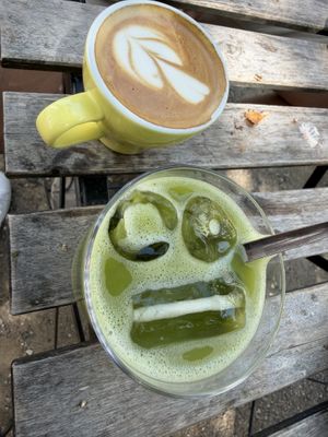 Flat white and matcha lattee  at Kaf in Copenhagen
