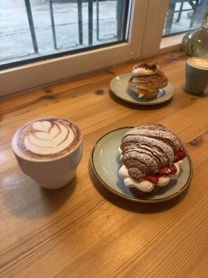 chocolate milk, strawberry cream croissant, coffee cream bun  at Kaf in Copenhagen