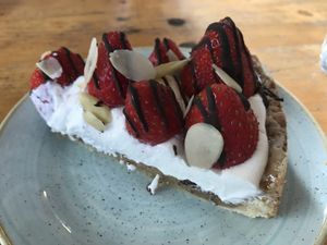 Jordbær Kage - w/ marzipan - really delicious and light! at Kaf in Copenhagen