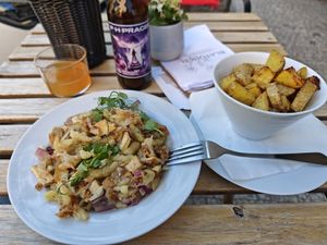 Slavic gnocchi with sauerkraut and tofu and roasted potatoes at Blatouch in Prague