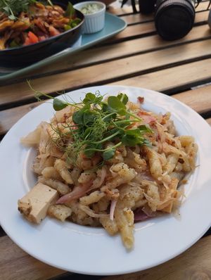 Slovakian Gnocchi with smoked tofu, pickled cabbage (Sauerkraut) and onions. at Blatouch in Prague