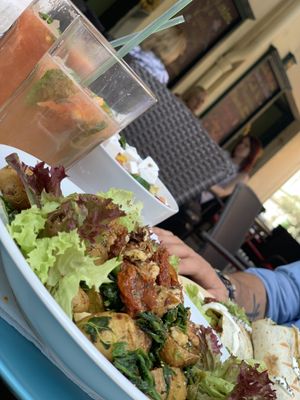 Vegan baked potatoes, greek salat and tortilla with tempeh  at Blatouch in Prague