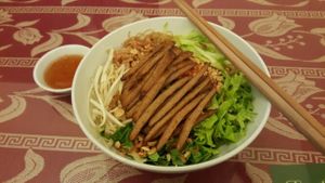 Bun Suon Bi - Vermicelli topped with chopped lettuce, herbs, veggies and grilled 'pork' at Pho Nam Chay in Ho Chi Minh City
