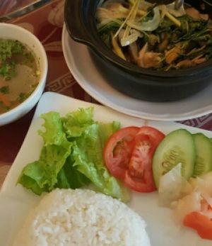 Com Thai Thap Cam: Mushroom and veggies stewed in Thai spices with lemongrass. Served with rice and soup. at Pho Nam Chay in Ho Chi Minh City