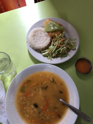 Vegan soup, lacto-Ovo main  at Nature's Center Vegetarian Restaurant in Cajamarca