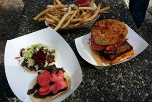 Tacos, Burger, and Fries at Plum Burgers - Food Truck in Seattle
