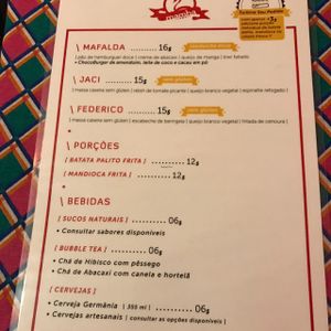Menu at Mamba Vegan in Curitiba