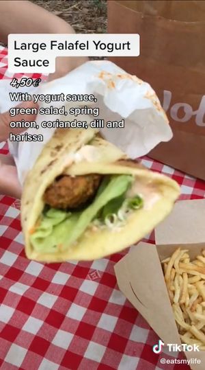 Large Falafel with Yogurt Sauce at Baba Ghanoush Falafel Shop in Athens