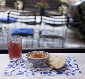 Hummus with Pita and Pink Lemonade at Baba Ghanoush Falafel Shop in Athens