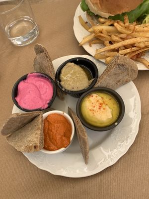 4 dip appetizer   at Baba Ghanoush Falafel Shop in Athens