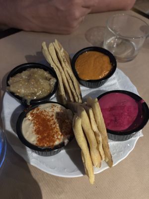4 dips plate with pita breadd  at Baba Ghanoush Falafel Shop in Athens