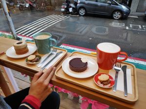 Apple cake, ginger soy latte, choc tart and coffee at Vegan Heaven in Taipei