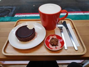 Chocolate tart and ginger soy milk ❤️ at Vegan Heaven in Taipei