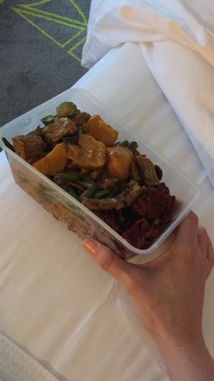 To Go Dish, okra, sweet and sour pork, beans and tofu and potatoe curry with brown rice for 5.50 sgd  at Perfect Vegetarian in Central Singapore