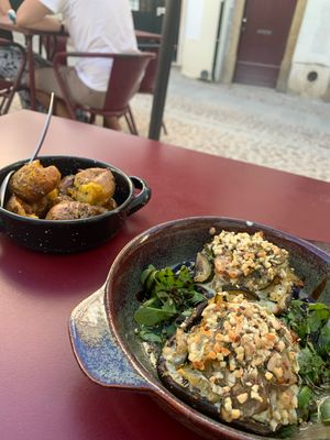 Stuffed mushrooms and roast potatoes  at Maria Portuguesa Tapas in Coimbra