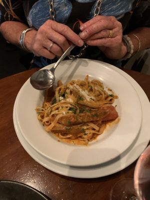Fettuccine with vegan sausage at Tutto Bene in Christchurch