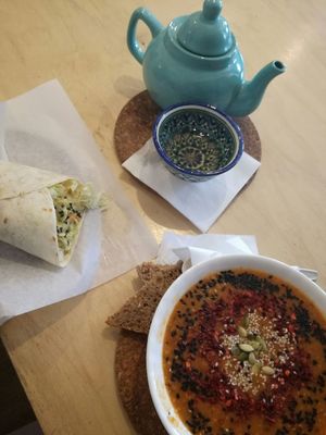 lentil soup, wrap with vegetables and vegan cheese, tartar tea at Vegan Day in Kazan