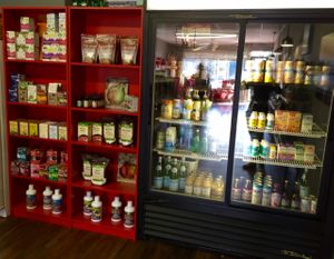 refrigerated supplements, teas, snacks.  at Red Bird Vitamin Co. in Satellite Beach
