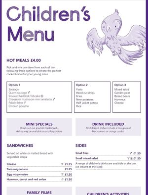 Children's menu, vegan indicated by a leaf, vegetarian indicated by a V  at Phoenix Cafe Bar in Leicester