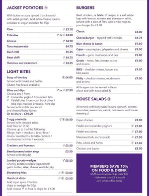 Main menu, vegan indicated by a leaf, vegetarian indicated by a V  at Phoenix Cafe Bar in Leicester