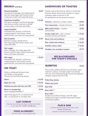 Main menu, vegan indicated by a leaf, vegetarian indicated by a V  at Phoenix Cafe Bar in Leicester