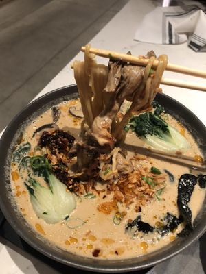 Shrooms ramen - creamy wild mushroom tonkatsu broth, ramen noodles, smoked oyster mushrooms, baby bokchoi, crispy onions, scallions chili-garlic oil 
  at Love Life Cafe in Miami
