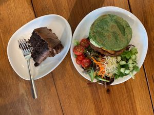Arepa and chocolate cake at Love Life Cafe in Miami