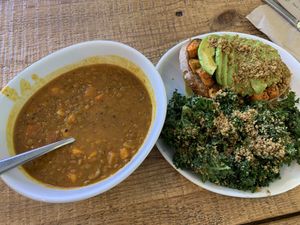 Avocado toast and lentil soup  at Love Life Cafe in Miami