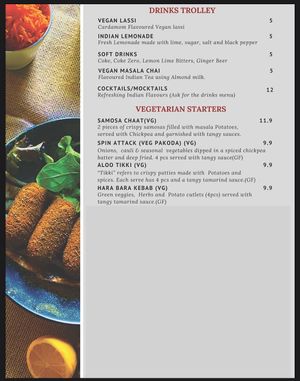 Entree and drinks menu  at Eden Garden Indian Cuisine in South Brisbane