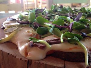 Vegan Pizza, gluten free and penaut cheese at Clorofila in Playa Del Carmen