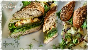 'Desertico' (from the desert)sandwich:Grill Nopal, Vegan chesse, hummus chiplote spread, lettuce.  at Clorofila in Playa Del Carmen