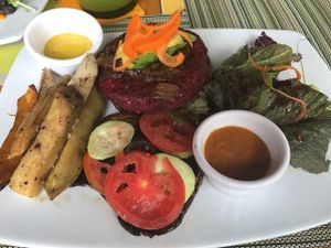 Beet/Tamarind/Oat Burger on Portobello at Clorofila in Playa Del Carmen