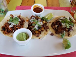 BBQ jackfruit, jackfruit carnitas, and spiced potato tacos at Clorofila in Playa Del Carmen