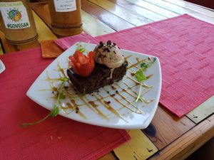 Vegan brownie with vegan hazelnut ice cream at Clorofila in Playa Del Carmen