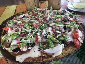 Pizza with sweet potato crust  at Clorofila in Playa Del Carmen
