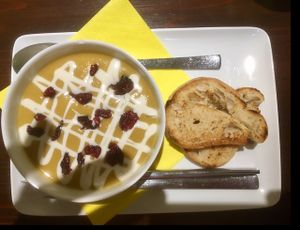 Chesnut and leek soup with cranberries  at Slow Foodiez in Budapest
